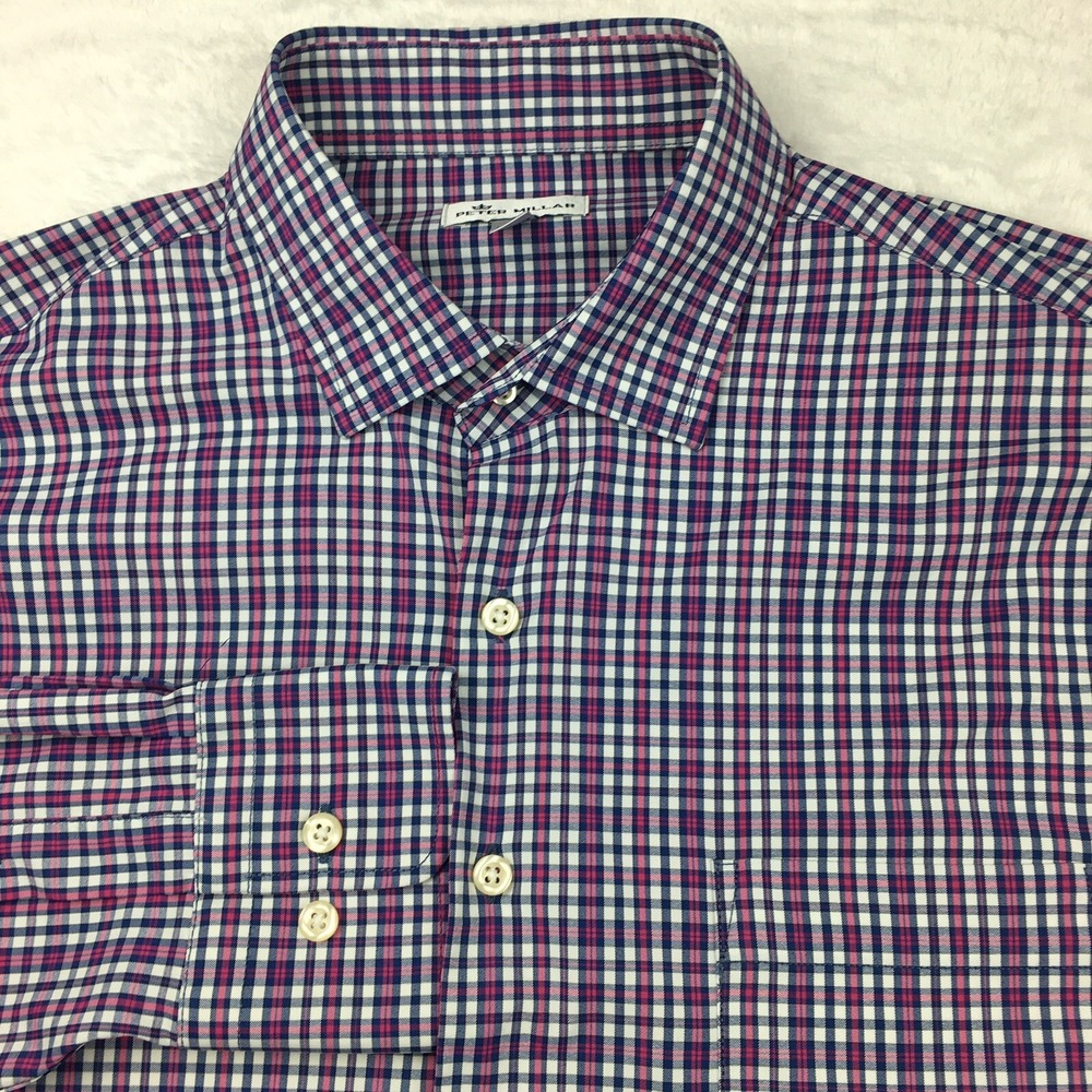 Peter Millar Dress Shirt Mens Large Pink/Blue Check Long Sleeves